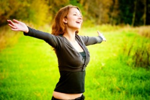 Girl has lifted hands